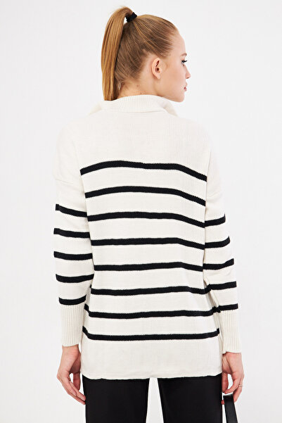 armonika Women's Ecru Zipper Detailed Striped Knitwear Sweater Arm-25K 069007