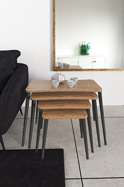 Zuesse Dizayn Sinem 4lü Zigon Sehpa Yan Sehpa Ahşap Siyah Ayaklı Salon Seti Ç...