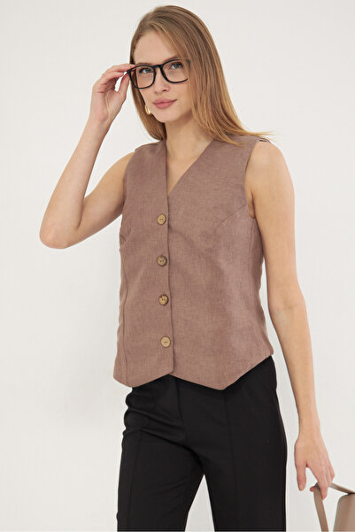 armonika Vestă căptușită cu aspect de in pentru femei, cu decolteu în V, ARM-...