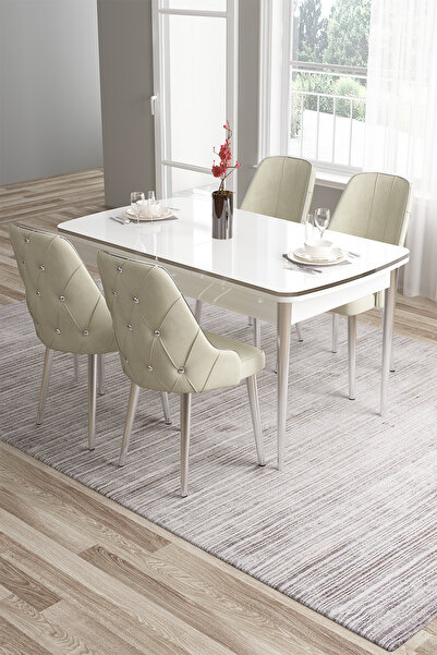 Canisa Tia Serisi 80x132 Açılabilir Mdf Krom Detay Beyaz Masa Takımı Ve 4 Kre...