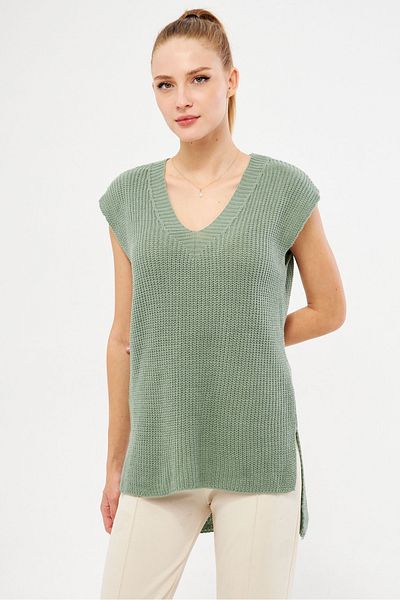 armonika Women's Turquoise V-Neck Short Front Long Sweater ARM-24K069004