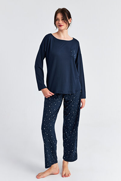 Ecrou Women's Navy Star Pocket Long Sleeve Trousers Pajama Set