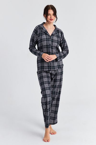Ecrou Set de pijamale pentru femei, gri negru, cu model în carouri, cu mânecă lungă, cu guler pentru bebeluși