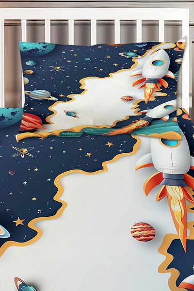 Else Dekor Spaceship Galaxy Patterned Boy's Single Decorative Bedspread with Pillowcase