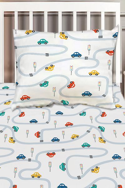 Else Dekor Colorful Car Traffic Patterned Boy's Single Decorative Bedspread with Pillowcase