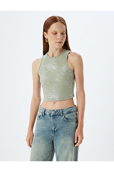 Koton Halter Collar Ribbed Crop Tank Top with Metallic Print Detail