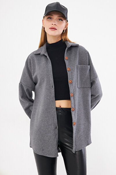 armonika Women's Dark Gray Oversize Stamped Pocket Shirt Arm-22Y 001156