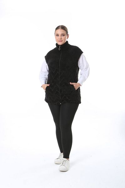 xlargebutik Plus Size Black Plush Fleece Vest - Flexible Warm and Soft