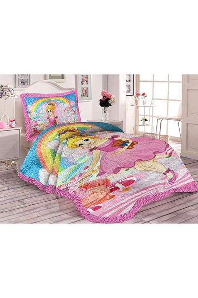 Doruklar Home Collection Țesătură de catifea căptușită din bumbac Set cuvertură de pat matlasată cu model prințesă dulce Drk-0102