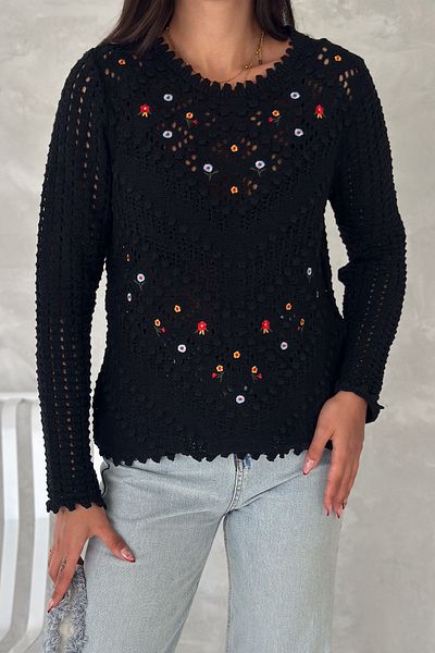 FEMELLE Pulover de damă, negru, mărime standard, cu broderie florală ajurata, din bumbac brodat