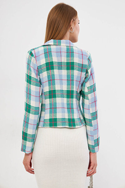 armonika Women's Green-Blue Double Breasted Collar Tweed Crop Jacket Arm-24K 001014