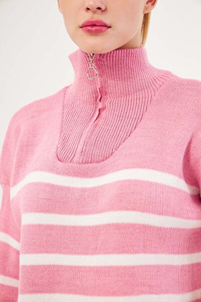 armonika Kadın Pudra Fermuar Detaylı Çizgili Triko Kazak ARM-25K069007