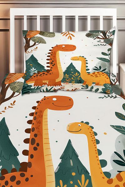 Else Dekor Cute Dinosaurs Patterned Boy's Single Decorative Bedspread with Pillowcase