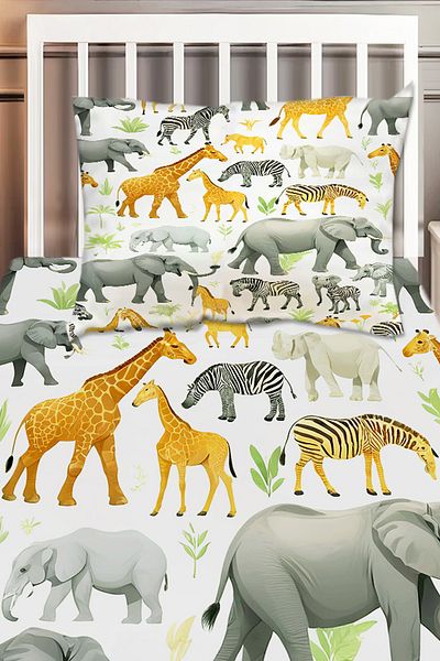 Else Dekor Safari African Animals Patterned Boys' Single Decorative Bedspread with Pillowcase
