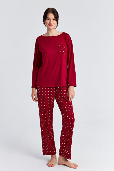 Ecrou Women's Burgundy Polka Dot Pocket Long Sleeve Trousers Pajama Set