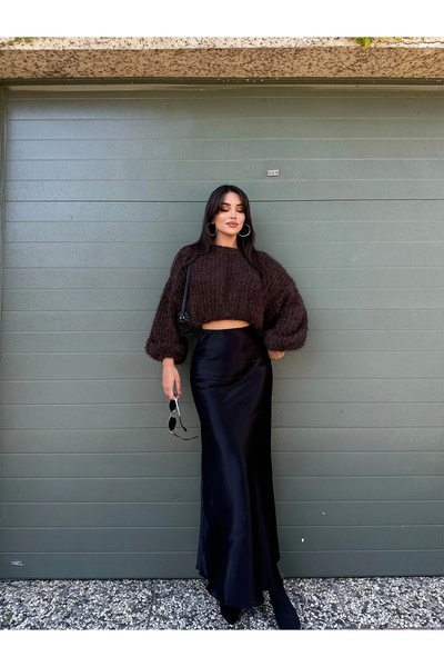 Bbeox Siyah Saten Maxi Boy Etek