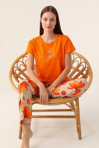 Pierre Cardin Costum de pijama portocaliu cu mânecă scurtă pentru femei, gât rotund, buzunar de pijama cu fund, 100% bumbac