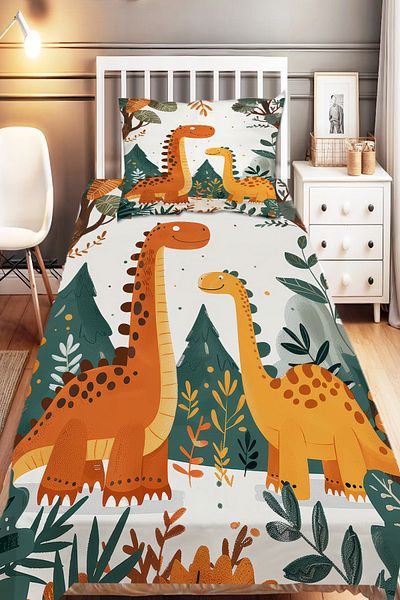 Else Dekor Cute Dinosaurs Patterned Boy's Single Decorative Bedspread with Pillowcase