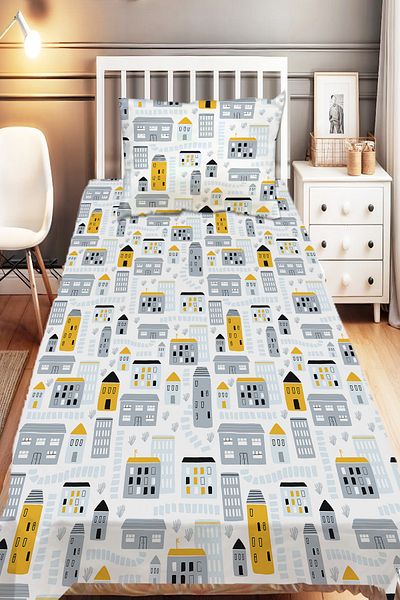Else Dekor Yellow Gray Patterned Children's Bedspread - Single with Decorative Pillowcase