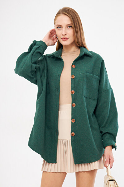 armonika Kadın Zümrüt Oversize Kaşe Cepli Gömlek ARM-22Y001156