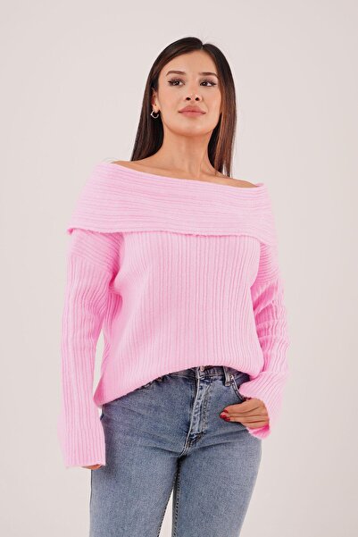 Hipo Trend Omuz Dekolteli Madonna Yaka Pembe Triko Kazak