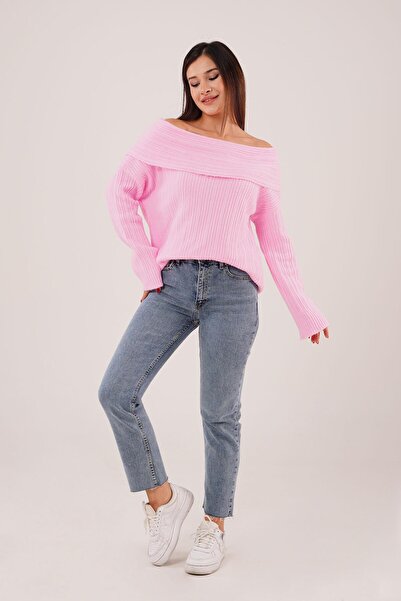 Hipo Trend Omuz Dekolteli Madonna Yaka Pembe Triko Kazak