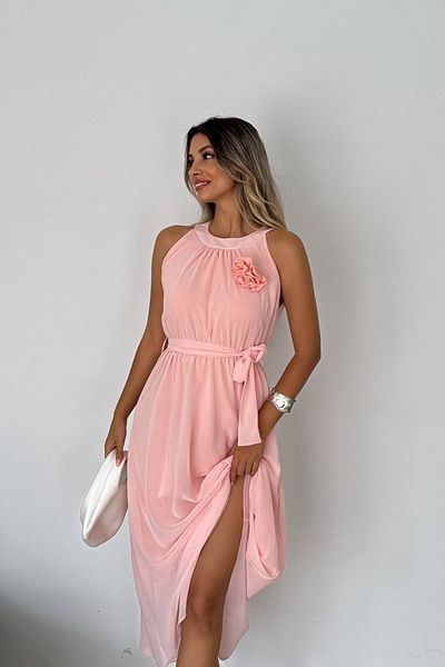 Neşeli Butik γυναικείο τριαντάφυλλο με λεπτομέρεια μακρύ σιφόν φόρεμα NBK2144
