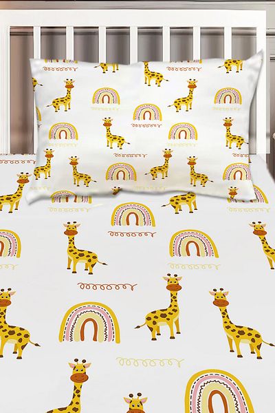 Else Dekor Yellow Giraffe Rainbow Patterned Girl's Single Decorative Bedspread with Pillowcase