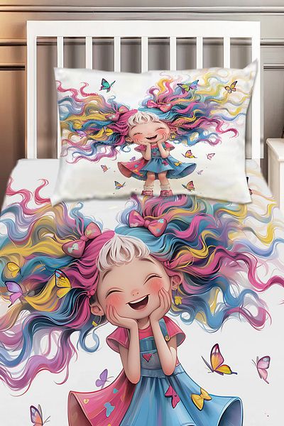 Else Dekor Cute Colorful Girl Patterned Children's Single Decorative Bedspread with Pillowcase