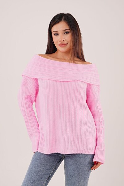 Hipo Trend Omuz Dekolteli Madonna Yaka Pembe Triko Kazak