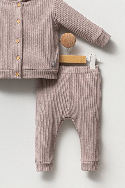 Cassiope Hooded Buttoned Front Ribbed Soft Textured Bottom-Top 2-Piece Baby Girl and Boy Set