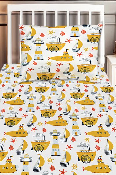 Else Dekor Yellow Submarine Sailor Ship Patterned Boy's Single Decorative Bedspread with Pillowcase