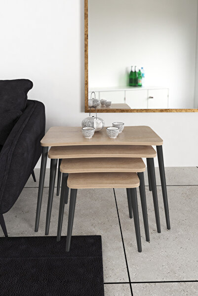 Zuesse Dizayn Sinem 4lü Zigon Sehpa Yan Sehpa Ahşap Siyah Ayaklı Salon Seti Ç...