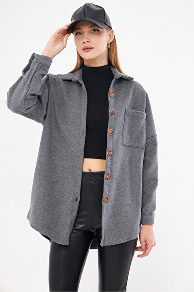 armonika Women's Dark Gray Oversize Stamped Pocket Shirt Arm-22Y 001156