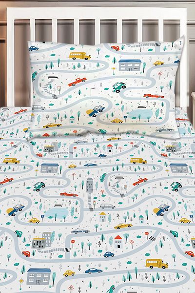 Else Dekor Car Driving Traffic Patterned Boy's Single Decorative Bedspread with Pillowcase