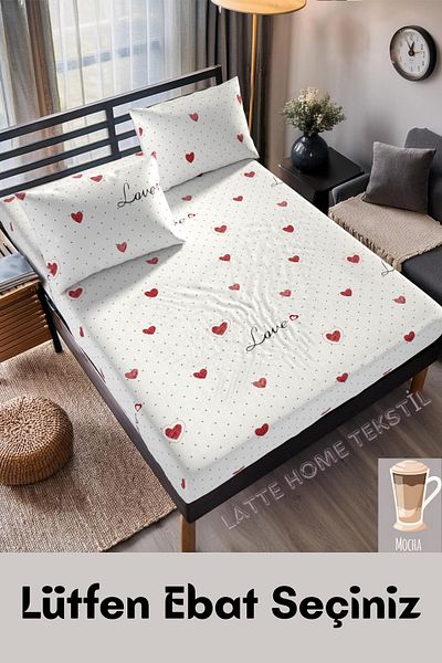 LATTE TEKSTİL Mocha Love & Heart Patterned Cotton Ranforce Fabric Elastic Sheet Set (Single-Double-King Size)