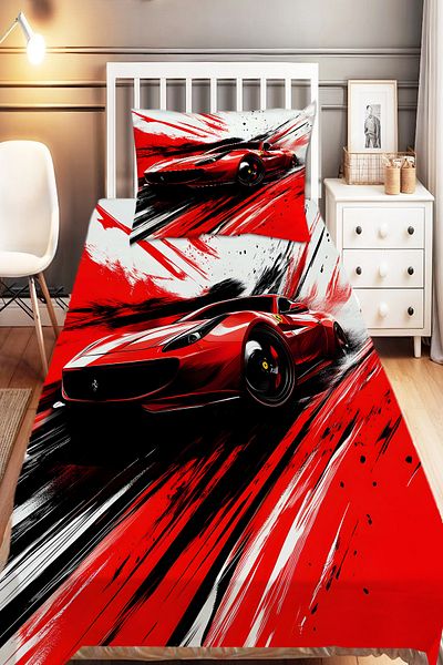 Else Dekor Red Racing Car Patterned Boy's Single Decorative Bedspread with Pillowcase