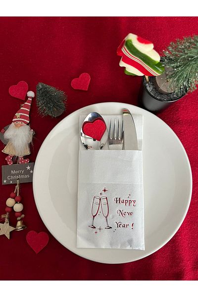 kidspartim Red Gilded White New Year's Goblet with Pockets Happy New Year Paper Napkin 12 Pieces 40X40