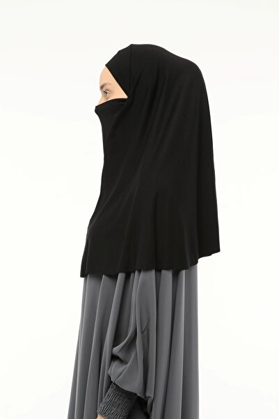 Altobeh Hazır Türban Peçeli Pratik Eşarp Tesettür Nikaplı Hijab - Namaz Örtüsü Sufle (XL) - Siyah