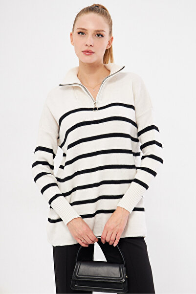armonika Women's Ecru Zipper Detailed Striped Knitwear Sweater Arm-25K 069007