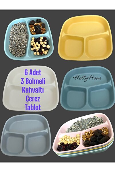 HOLLYHOME 6 Adet Renkli 3 Bölmeli  Kahvaltı Tabağı Plastik Piknik Kamp Çerez Yemek Servis Tabağı 21,5x23x3,5cm