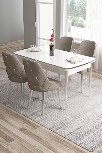 Canisa Tia Serisi 80x132 Açılabilir Mdf Mutfak Masası Takımı Beyaz Masa Krom ...