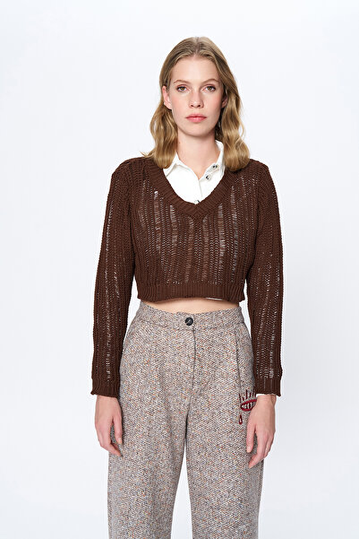 Quzu Dark Brown Padded V-Neck Crop Knitwear