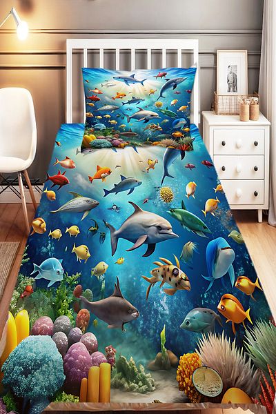 Else Dekor Fishes Patterned Underwater Bedspread - Children's Single Decorative Pillowcase