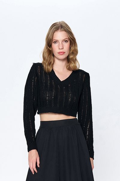Quzu Black Crop Knitwear - Padded V-Neck