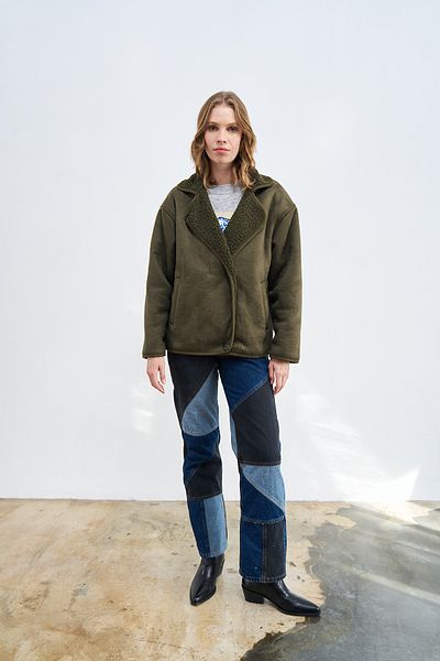 Quzu Khaki Color Oversize Coat with Plush Inside and Buttons