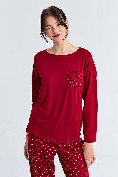 Ecrou Women's Burgundy Polka Dot Pocket Long Sleeve Trousers Pajama Set