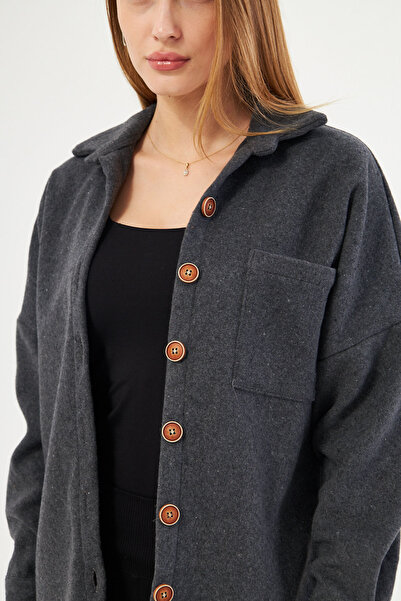 armonika Women's Anthracite Oversize Stitched Pocket Shirt ARM-22Y001156
