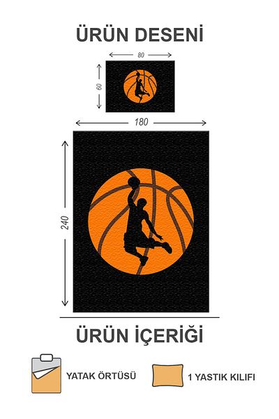Doruklar Home Collection Set cuvertură de pat pentru copii cu model de baschet - matlasată, căptușită din bumbac și catifea