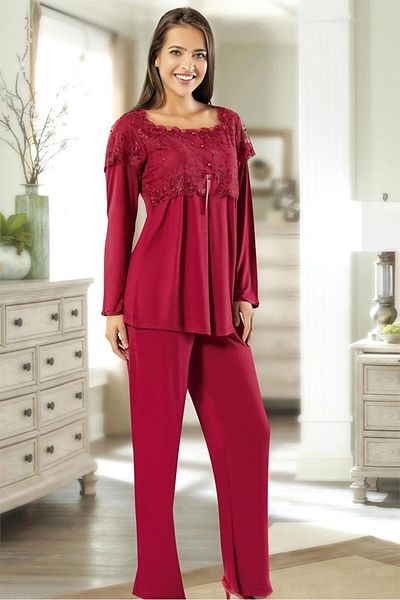 CT MODA Women's Fuchsia Lace Special Design Cotton Combed Maternity Maternity Dressing Gown Pajama Set